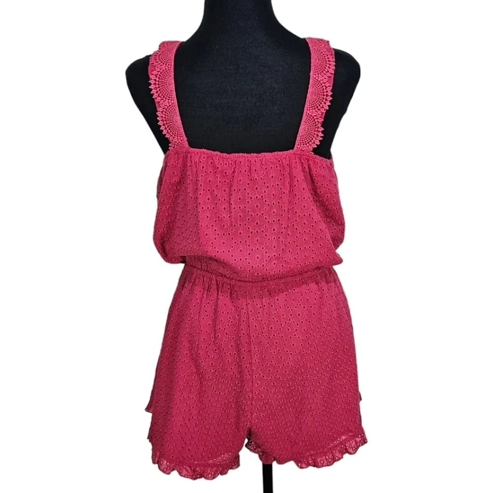 NWT Sperry Cotton Button Down Eyelet & Lace Drawstring Waist Romper Pink Red L